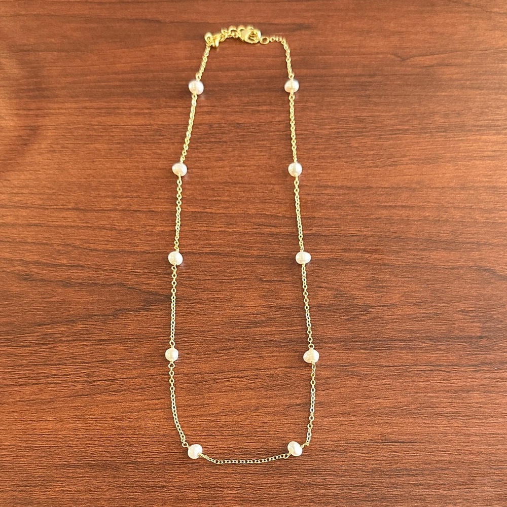 Gold Pearl Station Necklace - White Pearls